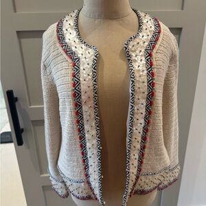 Tory Burch Cream Knit Embellished Open-Front Jacket with Navy & Red Trim